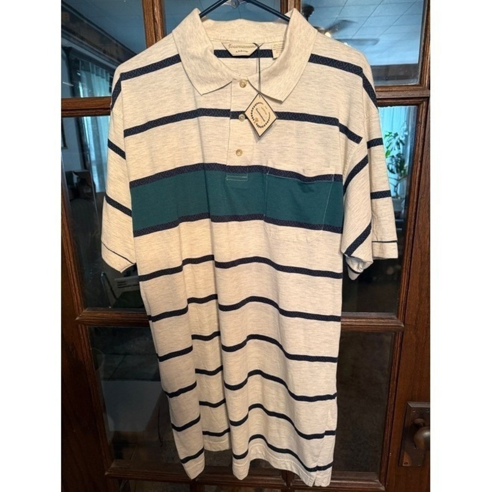 Arrow Tournament Mens LARGE Grey Striped Short Sleeve Pocket Polo Shirt New